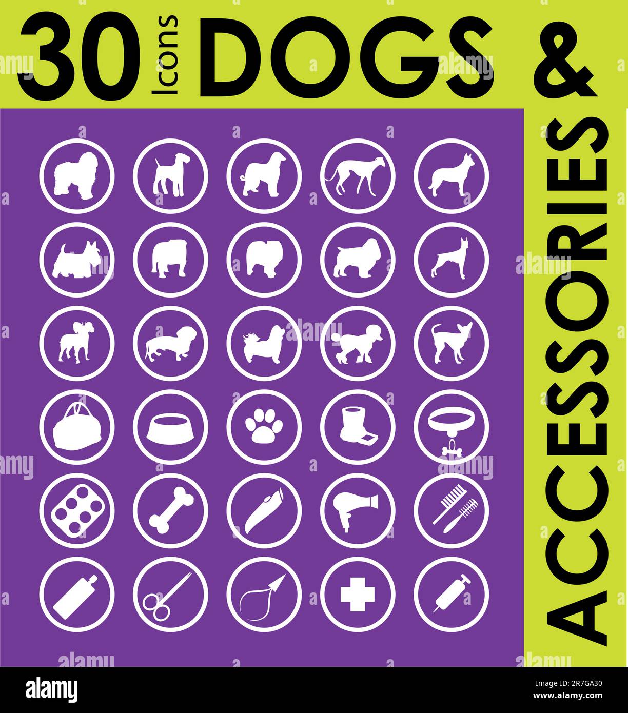 silhouettes of different breeds of dogs and accessories set Stock