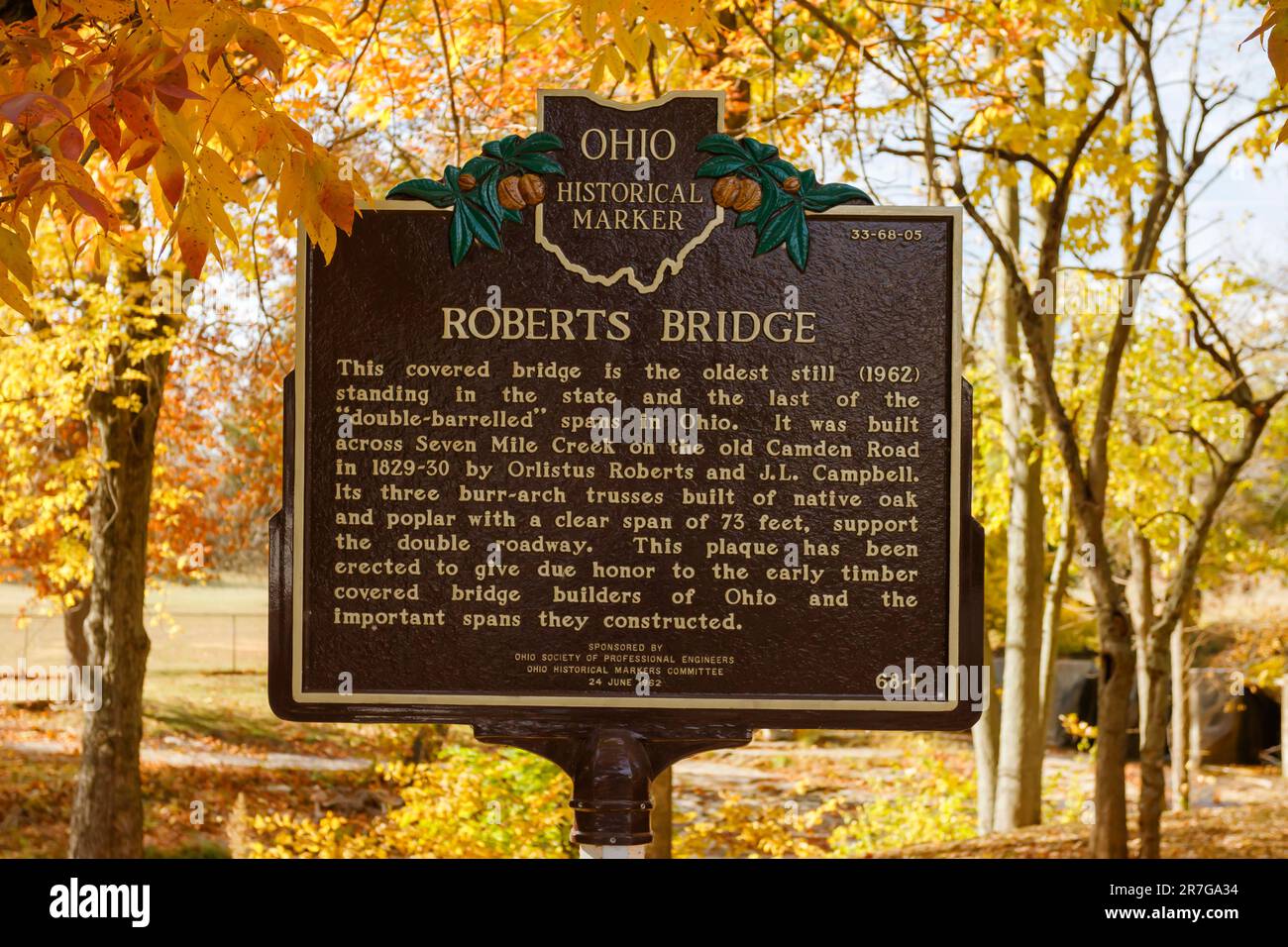 Historical marker for Roberts Covered Bridge. Beach Street, City of