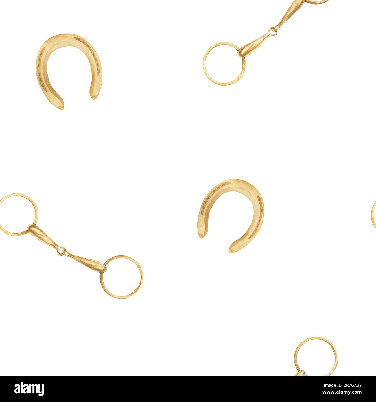Seamless minimalistic pattern with watercolor illustrations of golden horseshoes and snaffles, isolated. Can be used as a print for clothes. Print on Stock Photo