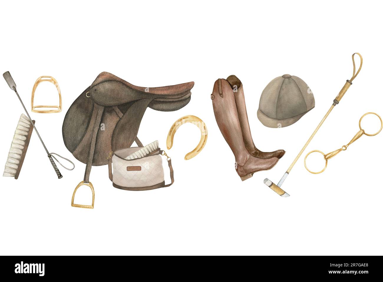 Watercolor seamless border, banner with illustration of a horseshoes, stirrups, saddle, bag, brush, helmet, snaffles, brown leather boots and polo Stock Photo