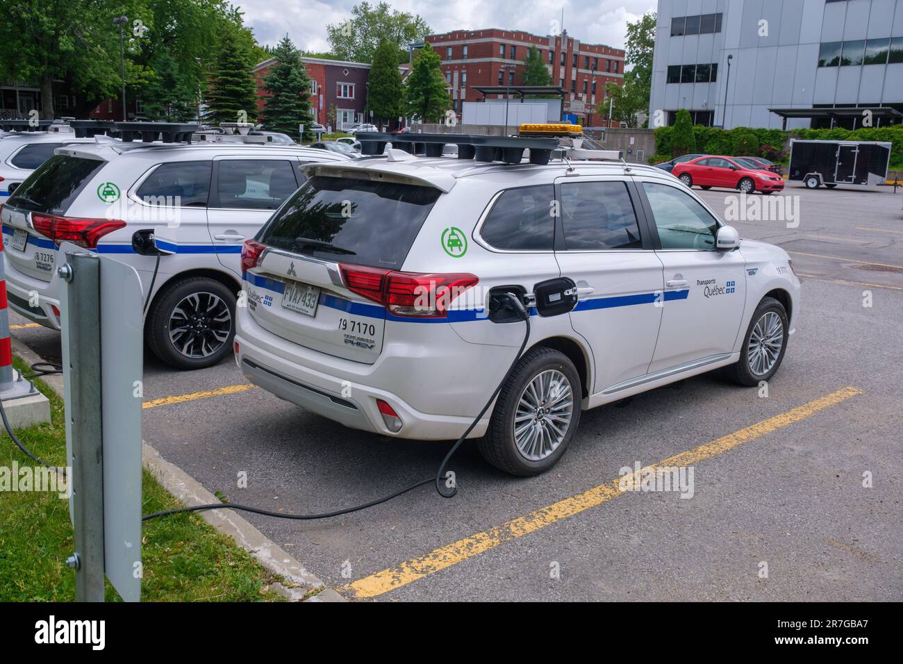 TroisRivières, CA 9 June 2023 Transports Quebec electric cars at the charging station Stock