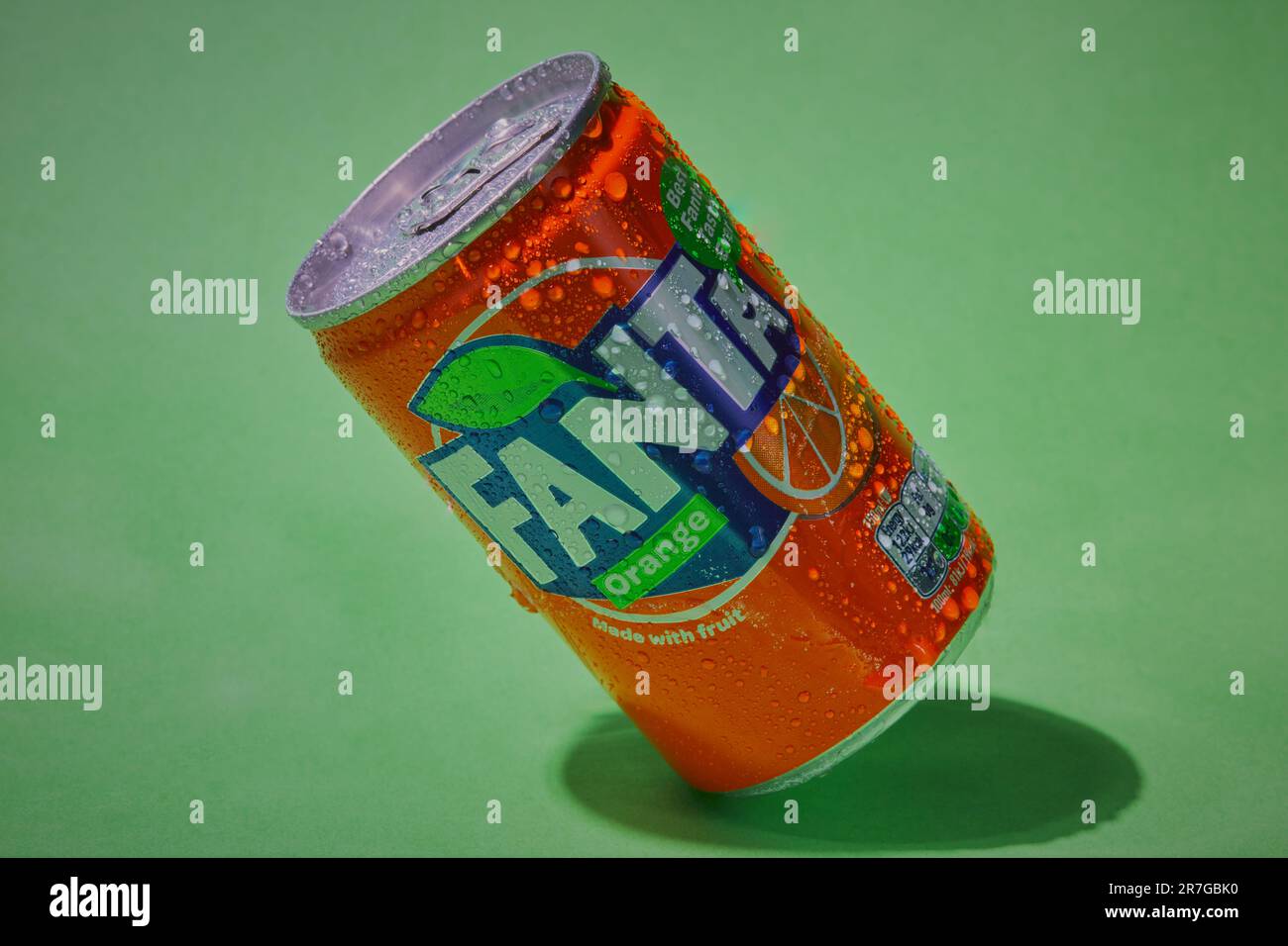 Mansfield,Nottingham,United Kingdom,17th June 2023:Studio product image of a can of Fanta  drink, Fanta is owned by the Coca-cola company Stock Photo
