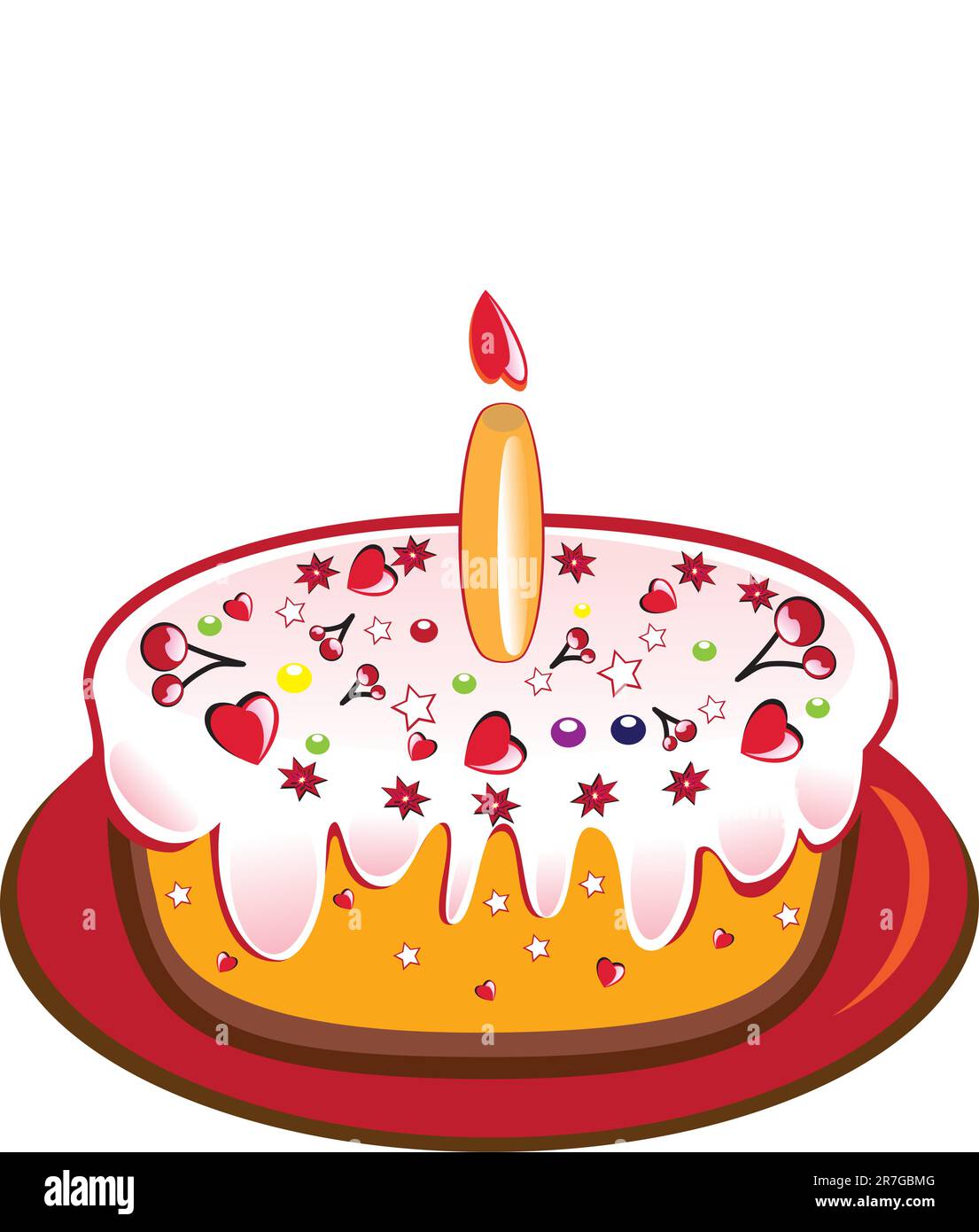 Birthday cake with one glowing candle. Vector illustration on white