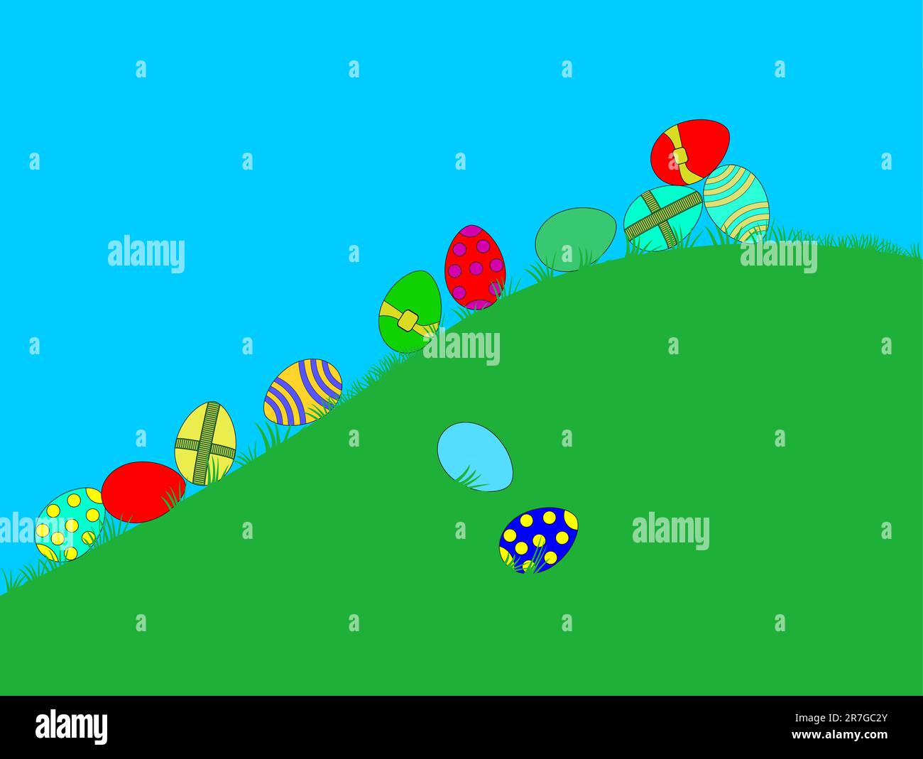 Brightly coloured easter eggs roll down a sunny hill Stock Vector