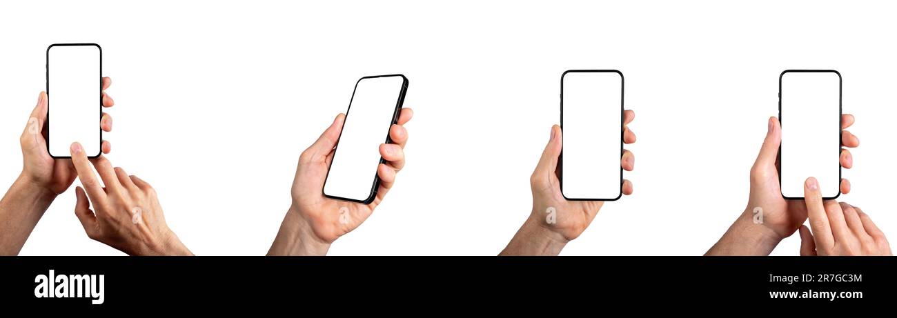 Hands holding mobile phone screen mockups, blank smartphone mock-ups ...
