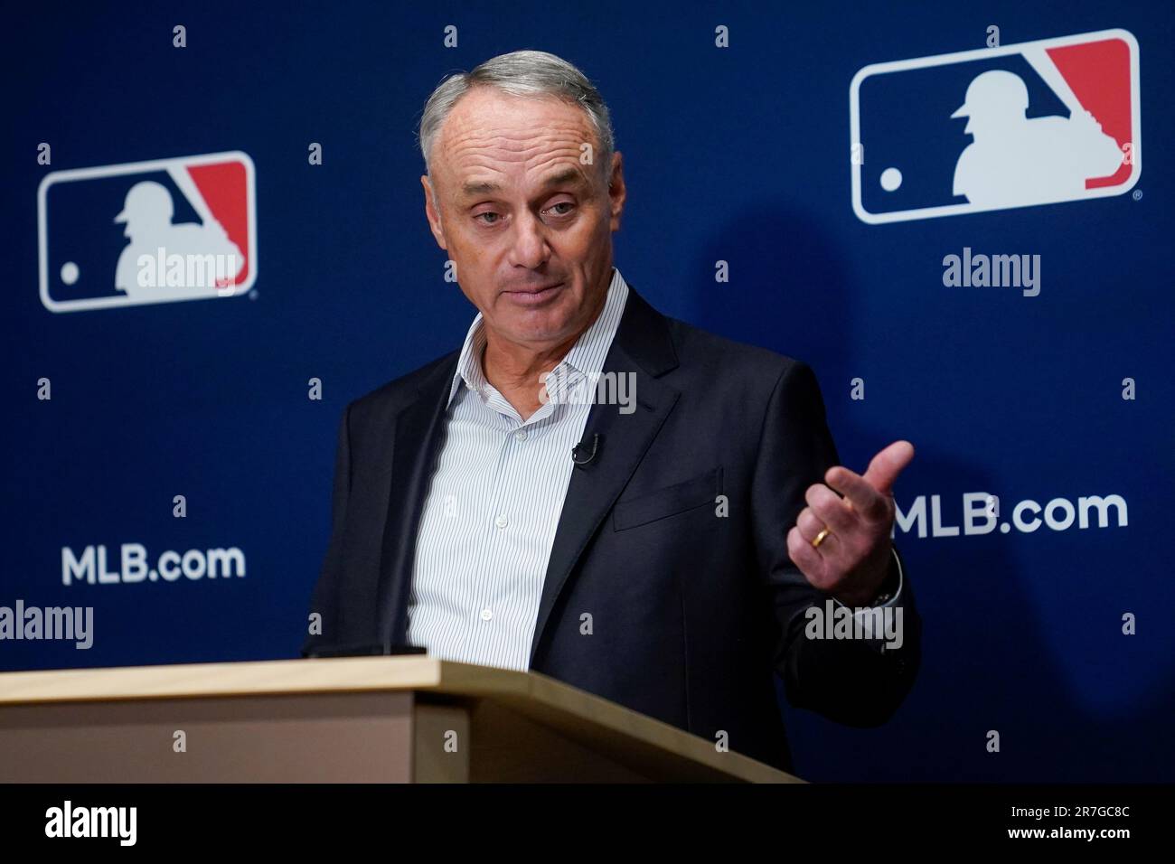 Major League Baseball Commissioner Rob Manfred speaks to members of the