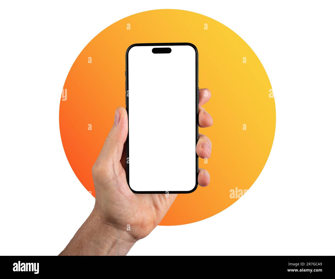 Lodz, Poland June 14 2023 hand holding iphone 14 pro smart phone mockup, blank screen mock-up over sun circle. Stock Photo