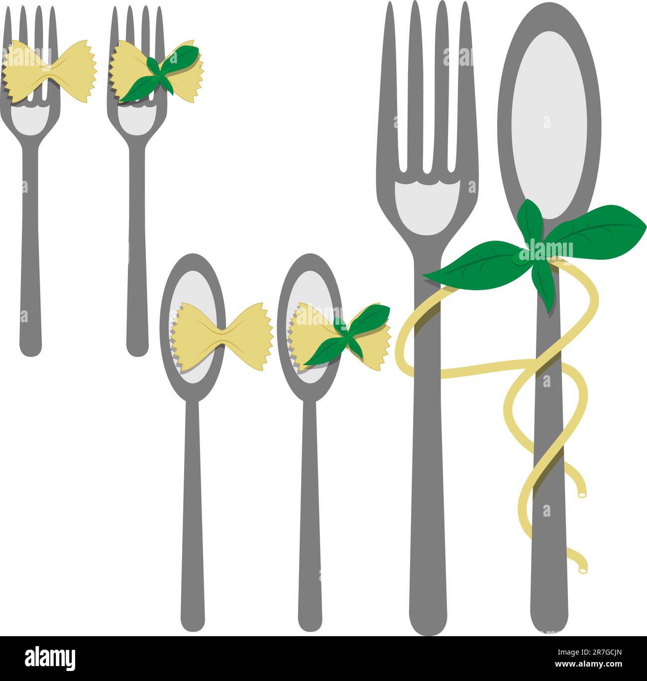 Vector picture with elements for menu: fork, spoon, pasta, basil Stock Vector