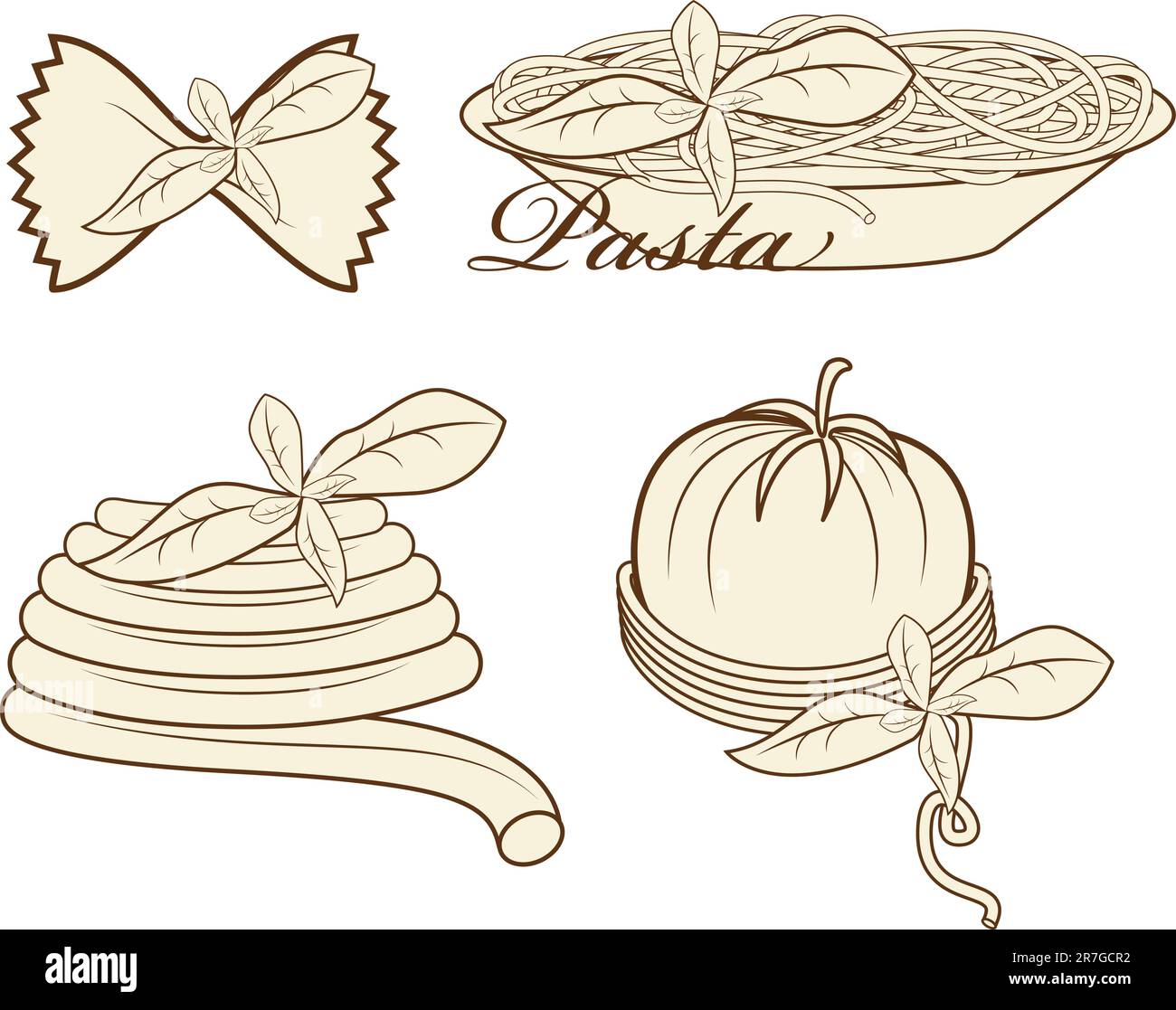 Vector picture with elements for menu: fork, spoon, pasta, basil Stock Vector