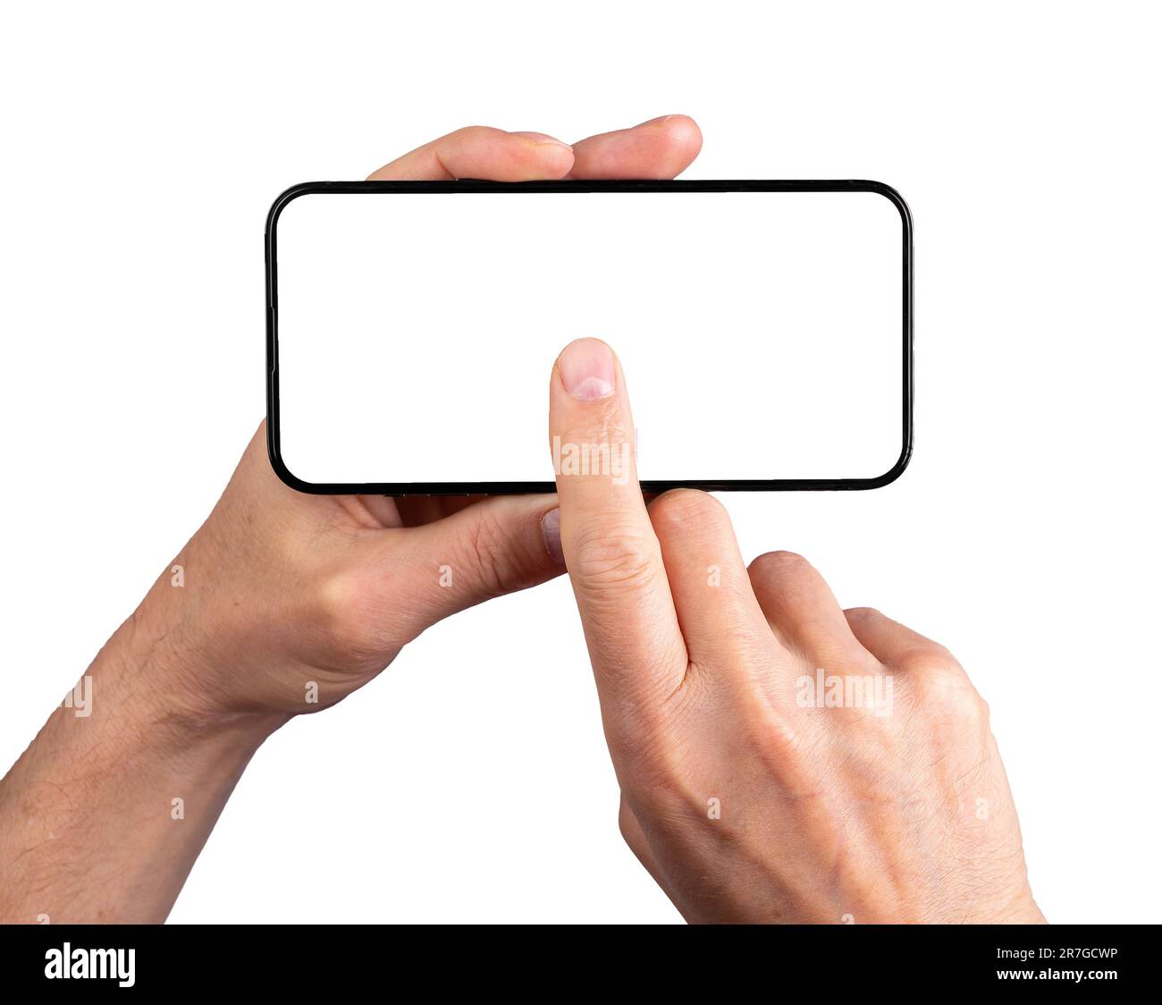 Hand holding smartphone, clicking on blank screen mockup, tapping in center of mobile phone display for playing video, isolated on white background. Stock Photo