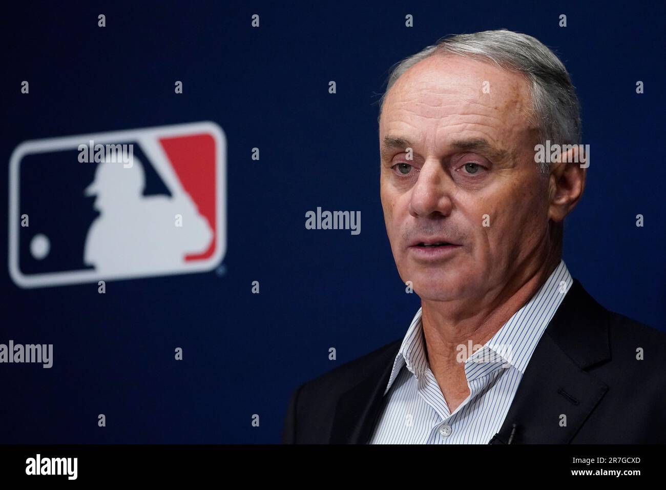 Major League Baseball Commissioner Rob Manfred speaks to members of the