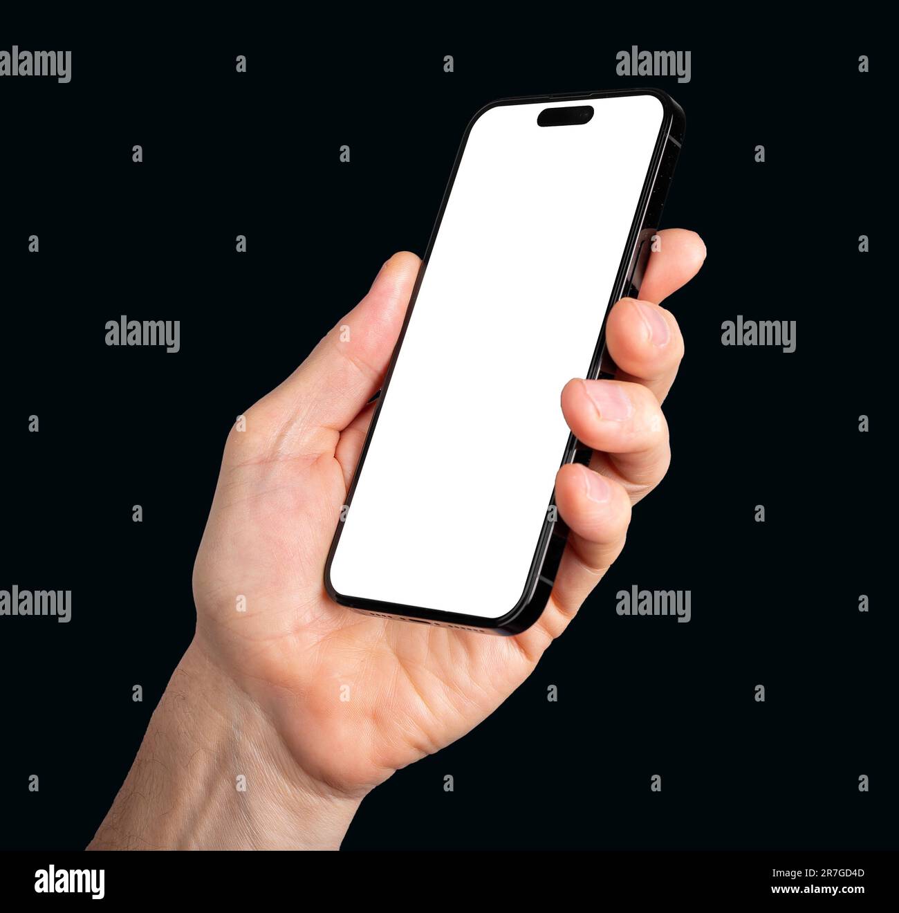 Lodz, Poland May 14 2023 hand holding iphone 14 pro smart phone mockup