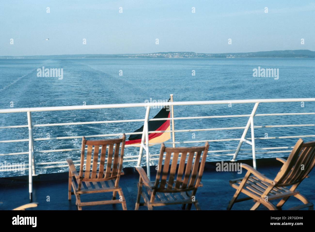 Ferry deck chairs and view- View from ferry boat deck at the Skagerrak Sea, Denmark to Norway Stock Photo