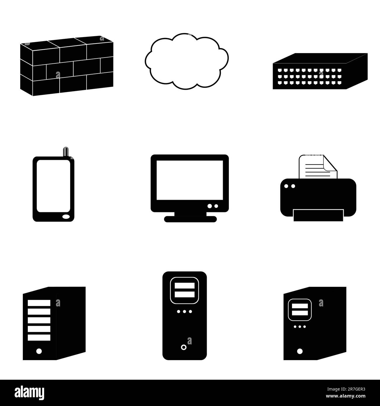 Computer and network icons in black Stock Vector