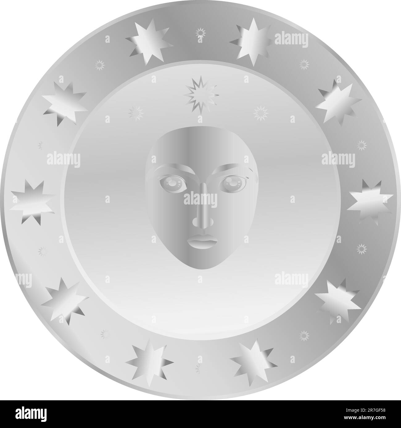 Silver shield with the image of a face in the middle Stock Vector