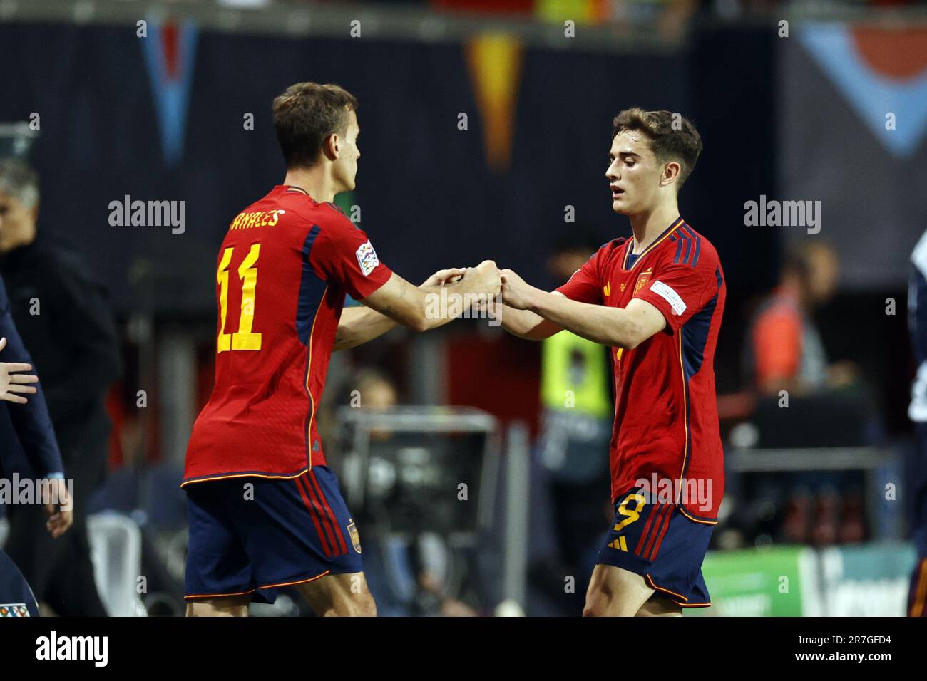 ENSCHEDE - (lr) Sergio Canales of Spain, Gavi of Spain during the UEFA  Nations League semifinal match between Spain and Italy at Stadion De  Grolsch Veste on June 15, 2023 in Enschede,