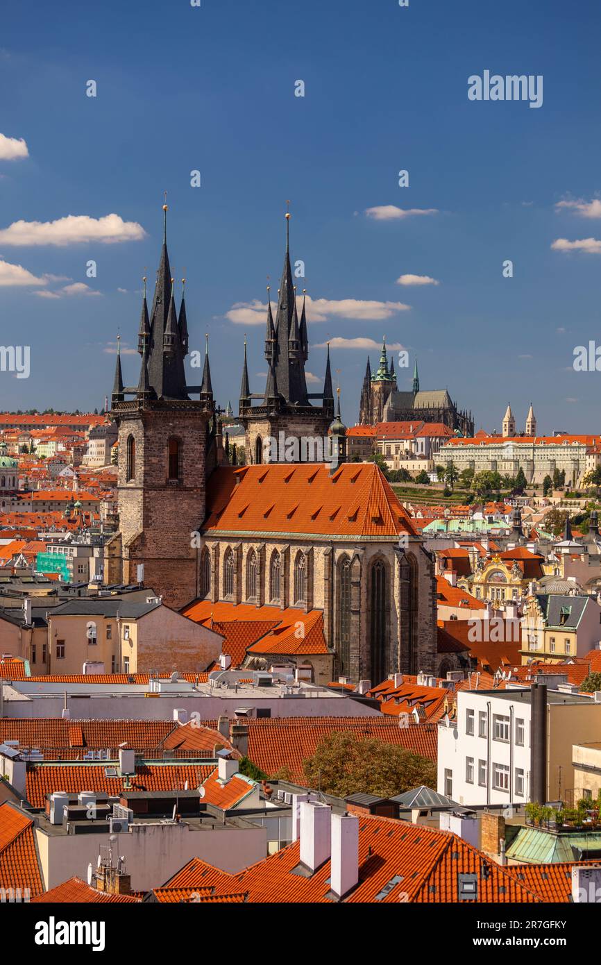 PRAGUE, CZECH REPUBLIC, EUROPE - Prague skyline including Church of Our Lady Before Tyn, and in distance St. Vitus Cathedral and Prague Castle. Stock Photo