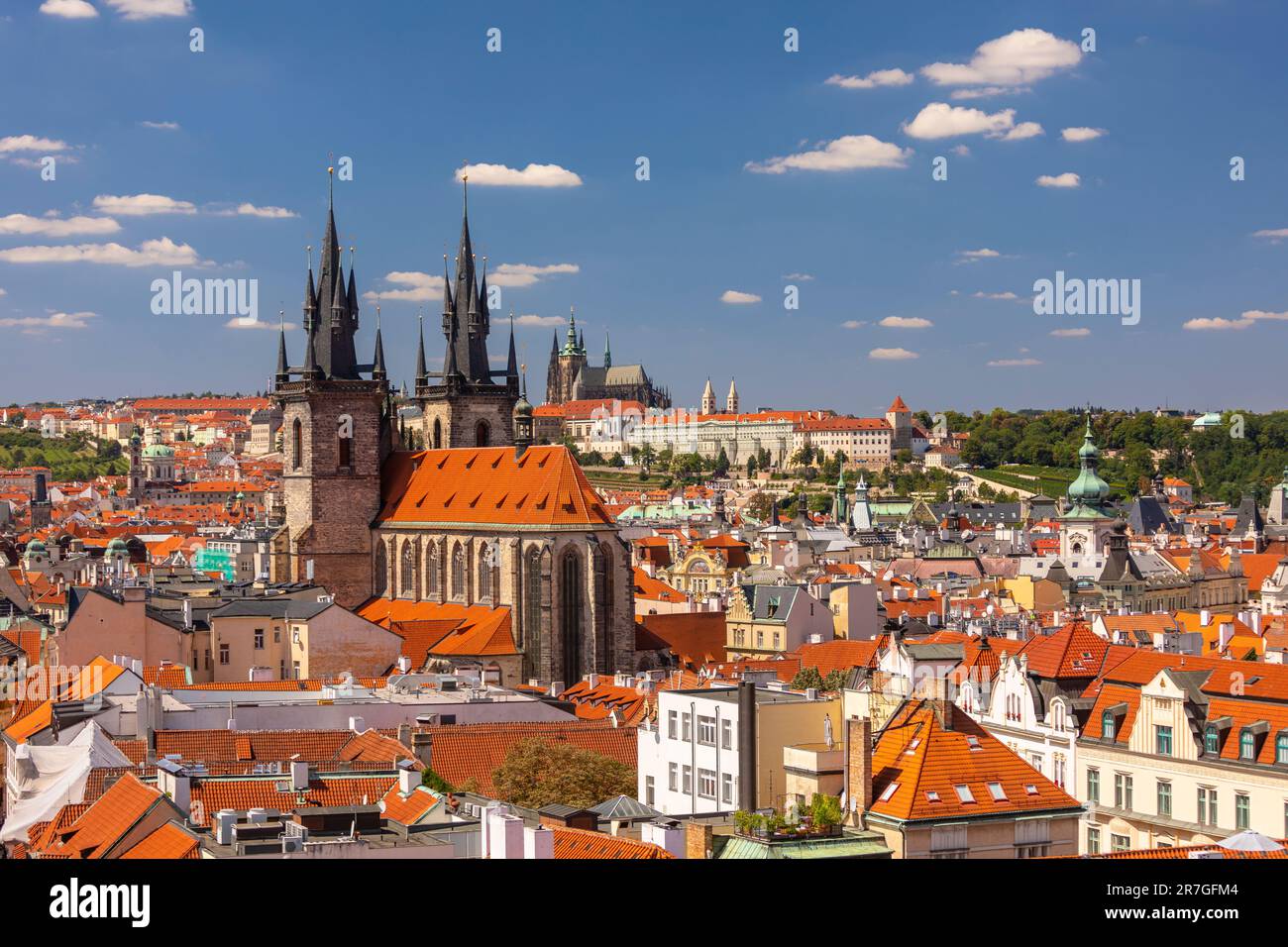 PRAGUE, CZECH REPUBLIC, EUROPE - Prague skyline including Church of Our Lady Before Tyn, and in distance St. Vitus Cathedral and Prague Castle. Stock Photo