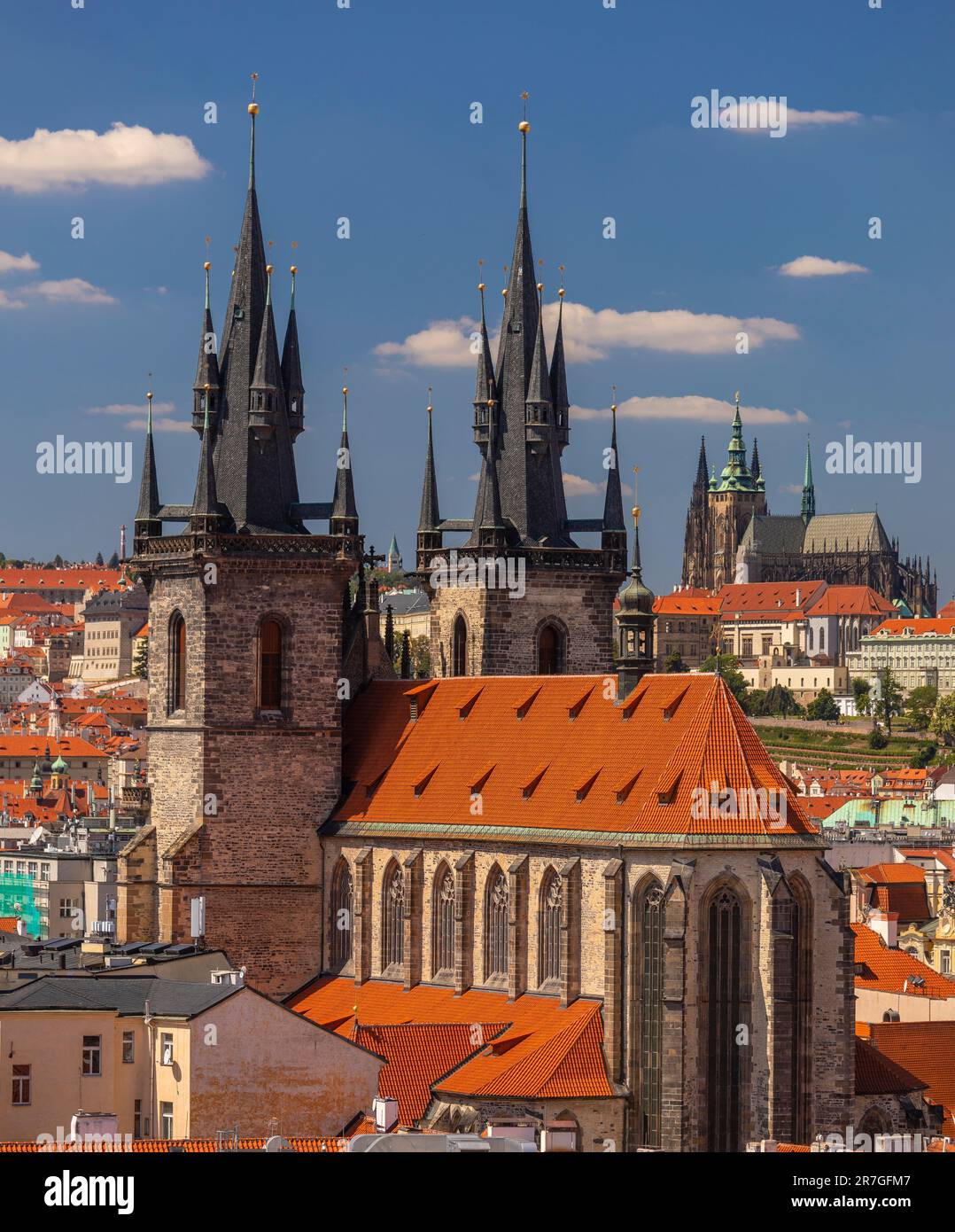 PRAGUE, CZECH REPUBLIC, EUROPE - Prague skyline including Church of Our Lady Before Tyn, and in distance St. Vitus Cathedral and Prague Castle. Stock Photo