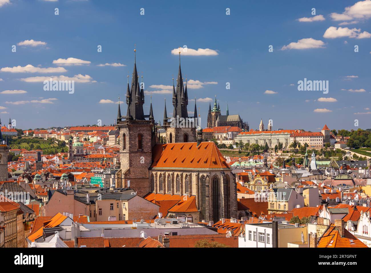 PRAGUE, CZECH REPUBLIC, EUROPE - Prague skyline including Church of Our Lady Before Tyn, and in distance St. Vitus Cathedral and Prague Castle. Stock Photo