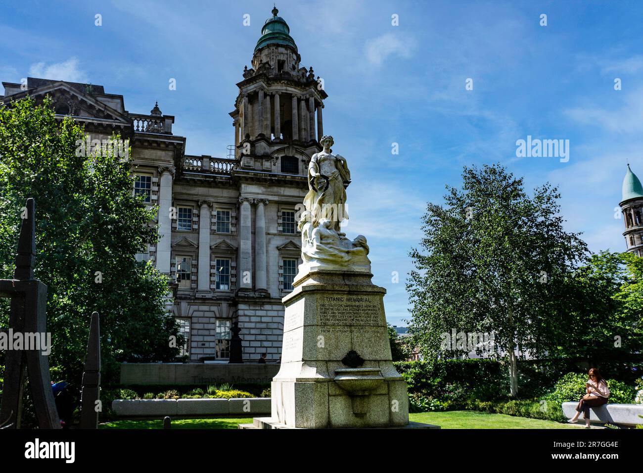 The Titanic Memorial in Donegal Square outside Belfast City Hall commemorating the lives lost in the sinking of the RMS Titanic on 15 April 1912 Stock Photo