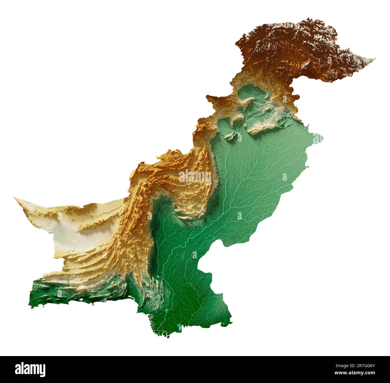 Pakistan. Detailed 3D rendering of a shaded relief map with rivers and lakes. Colored by elevation. White background. Created with satellite data. Stock Photo