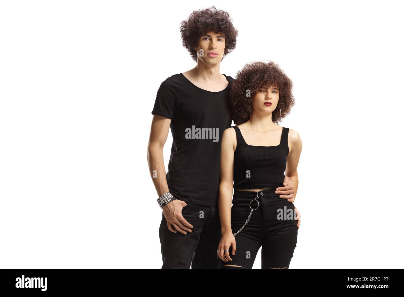 Trendy young couple in black clothes isolated on white background Stock Photo