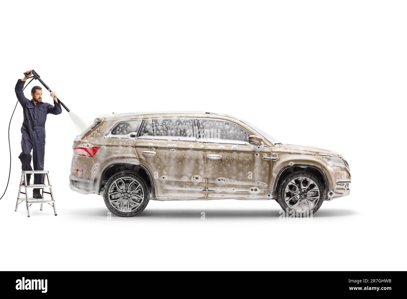 Ladder Vehicle Washing Man in a uniform standing on a ladder and washing a vehicle isolated on ...
