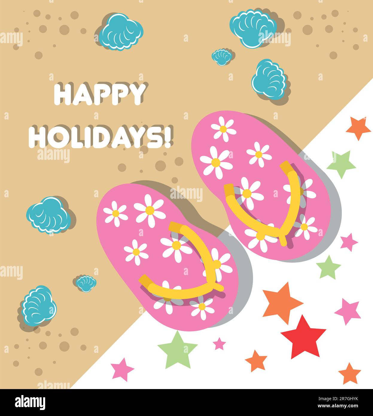 beach background card with floral flip flops Stock Vector
