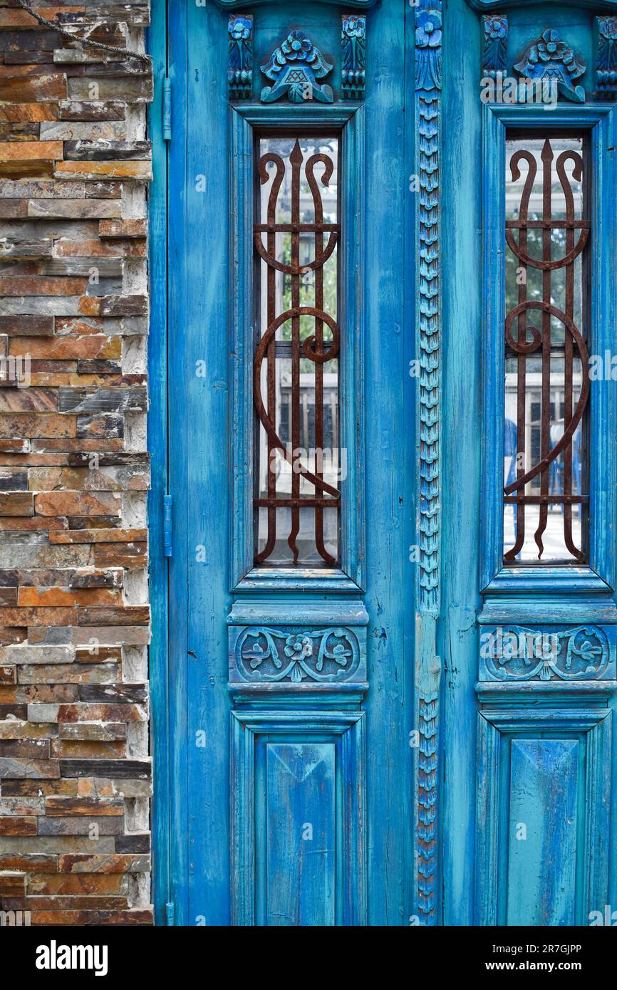 Bright blue Greek style door architecture Stock Photo