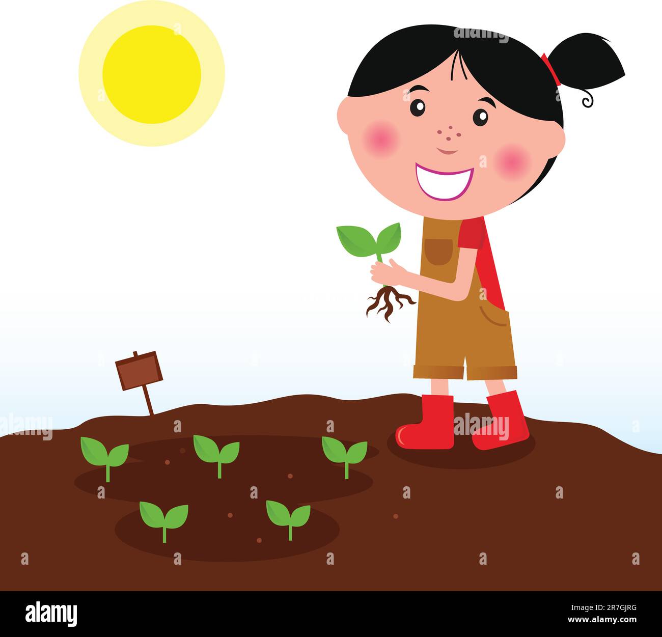 Little agriculture girl on field with green plants. Vector Illustration
