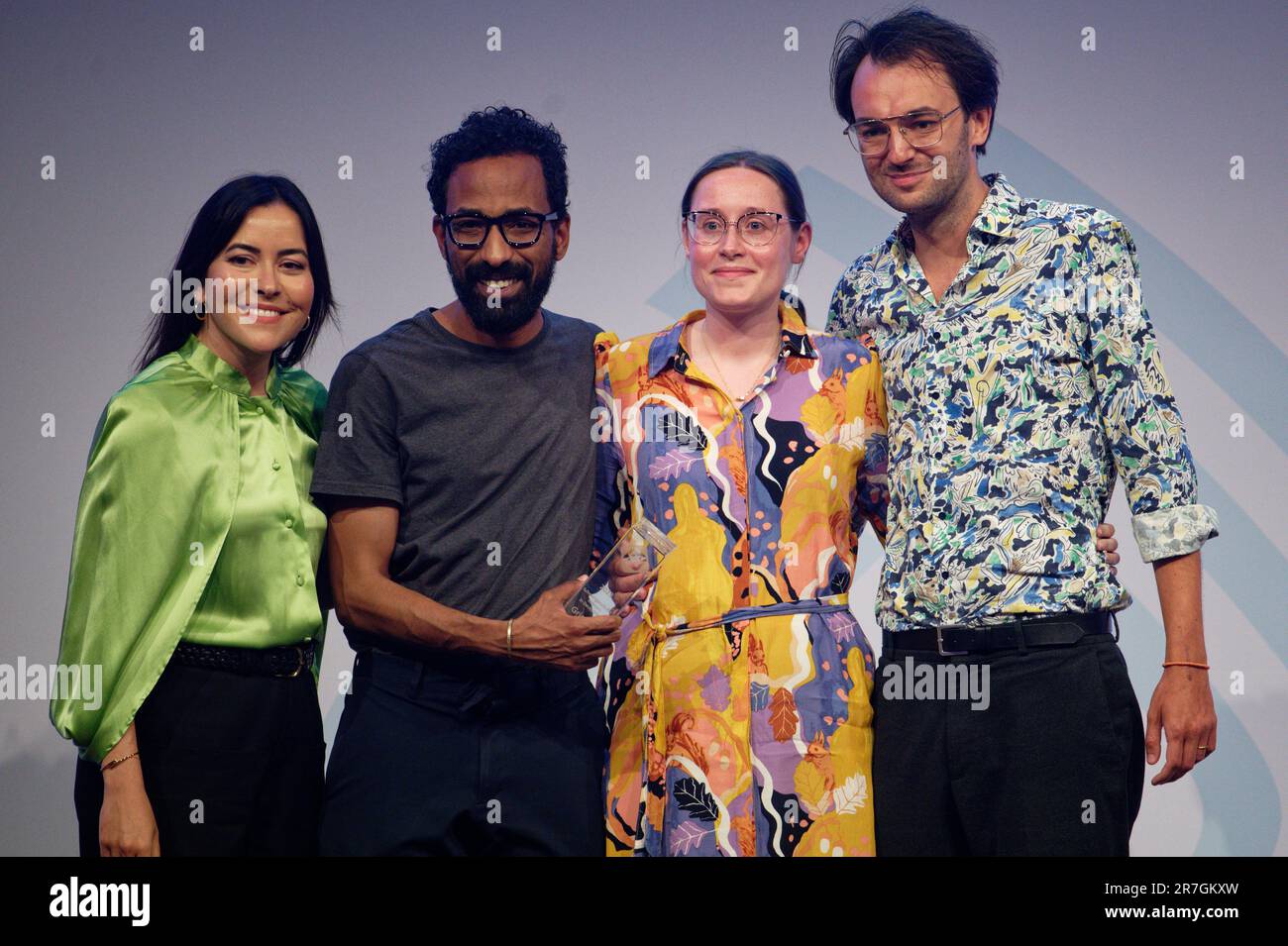 Cologne, Germany. 15th June, 2023. Laudator Aline Abboud (l) stands on stage with the team from 'Abortion in Germany' with the award in the category 'Information', with Mohamed Anvar (l-r), Miriam Lenz and Max Donheiser at the presentation of the Grimme Online Award 2023 . Credit: Henning Kaiser/dpa/Alamy Live News Stock Photo