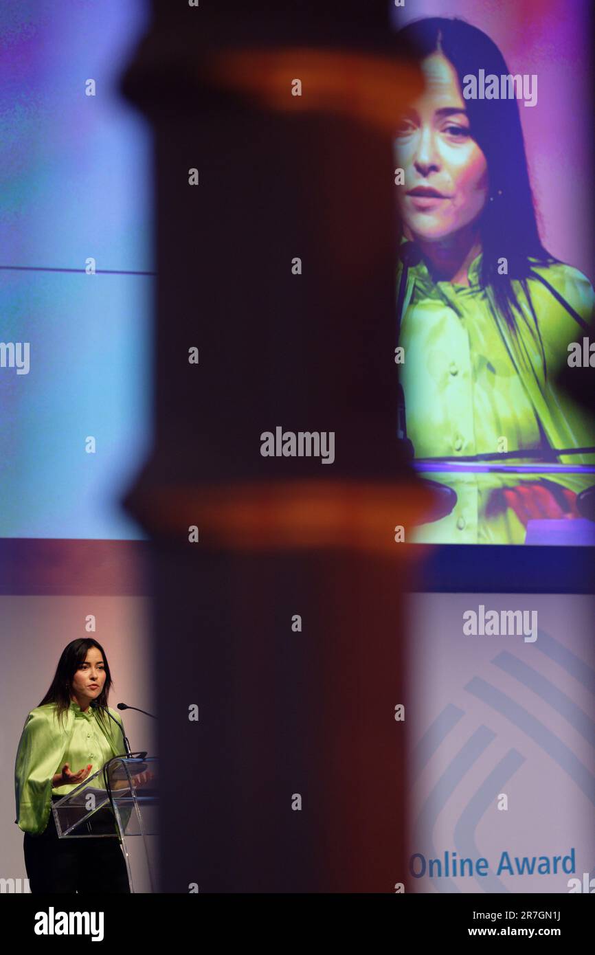 Cologne, Germany. 15th June, 2023. Laudator Aline Abboud speaks at the presentation of the Grimme Online Award 2023. Credit: Henning Kaiser/dpa/Alamy Live News Stock Photo