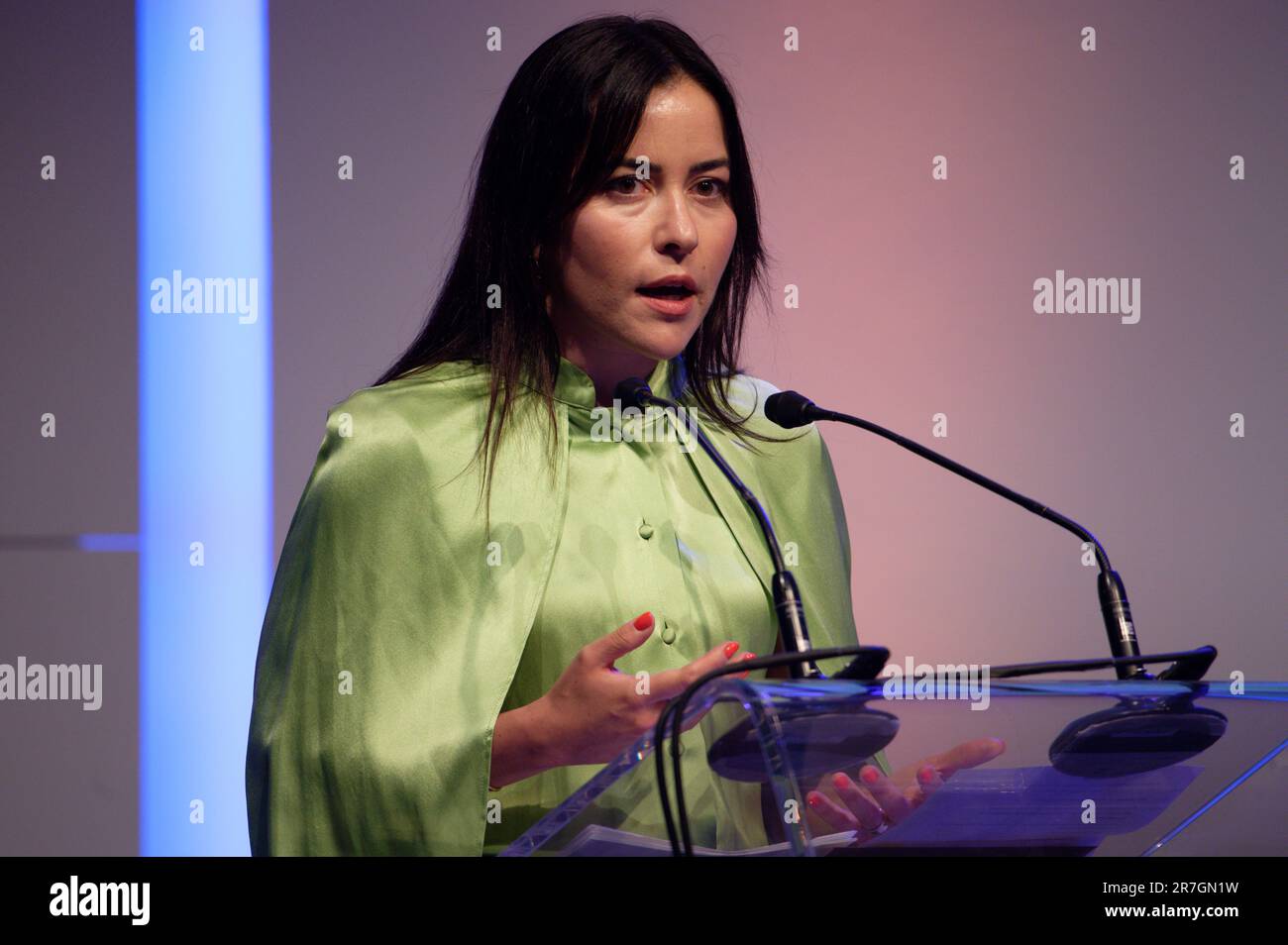 Cologne, Germany. 15th June, 2023. Laudator Aline Abboud speaks at the presentation of the Grimme Online Award 2023. Credit: Henning Kaiser/dpa/Alamy Live News Stock Photo