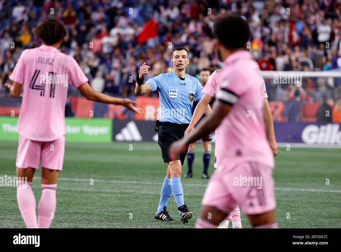FOXBOROUGH, MA JUNE 10 Referee Sergii Boiko asks for a moment during