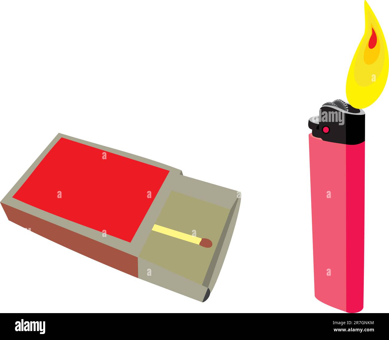 Matches and a lighter. Boxes with matches. A gas lighter Stock Vector