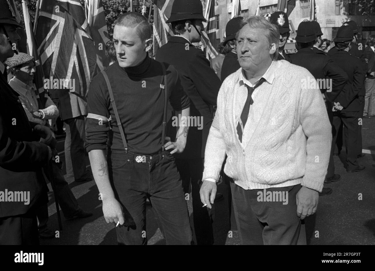 National Front march and rally Derek Day from Shoreditch and his son. Shoreditch, south London, England circa 1978. 1970s UK HOMER SYKES Stock Photo