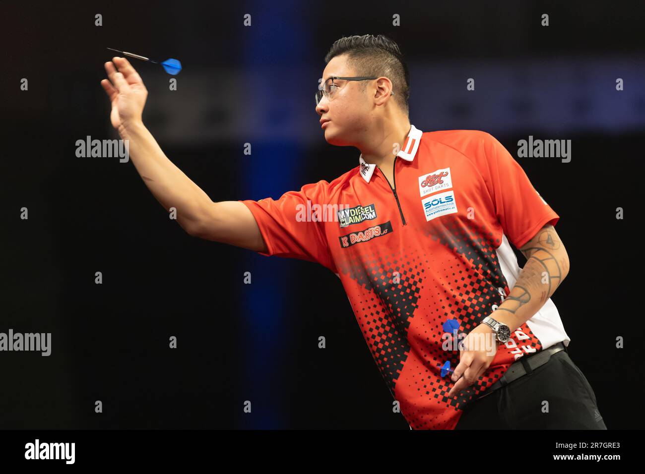 15 June 2023, Hesse, Frankfurt/Main: Darts: World Team Championship, Group  Stage, Group Stage matches. Rowby John Rodriguez (Austria) in action.  Photo: Jürgen Kessler/dpa Stock Photo - Alamy