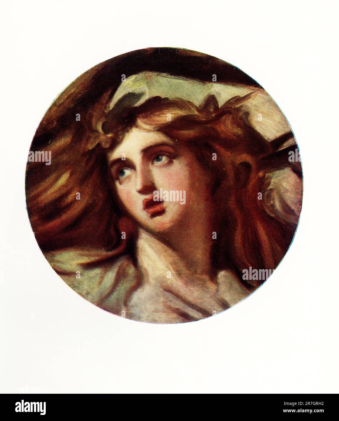 The esaly 1900s caption reads: 'Sketch Portrait of Lady Hamilton by George Romney. Her rich brown hair falls in tempestuous disorder over a pillow; the mouth is open; the eyes are as near to tragedy as the volatile Emma could go. This sketch (circular, 1 foot 6 inches) was presented to the National gallery in 1989. George Romney (1734-1802) was an English portrait painter. He was the most fashionable artist of his day, painting many leading society figures – including his artistic muse, Emma Hamilton, mistress of Lord Nelson.' George Romney (1734-1802) was an English portrait painter. He was t Stock Photo