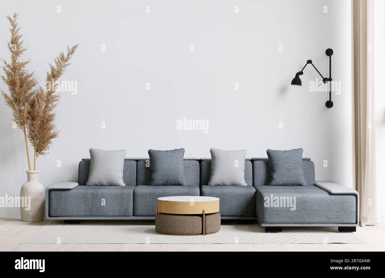 A contemporary living room with a grey sofa, coffee table, and ...