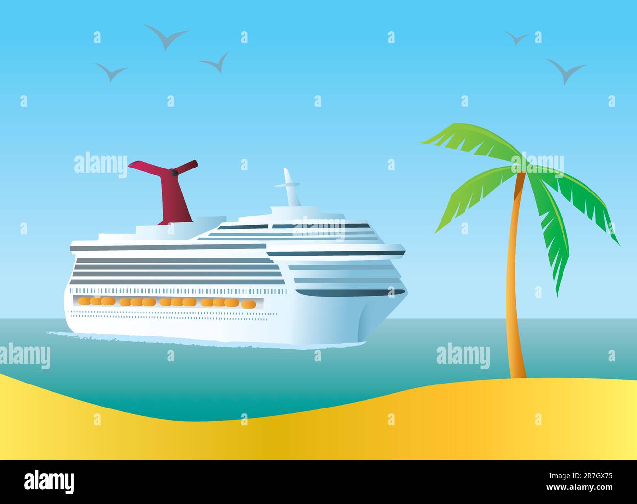 Illustration of a Cruise Ship coming in to a tropical destination. Stock Vector