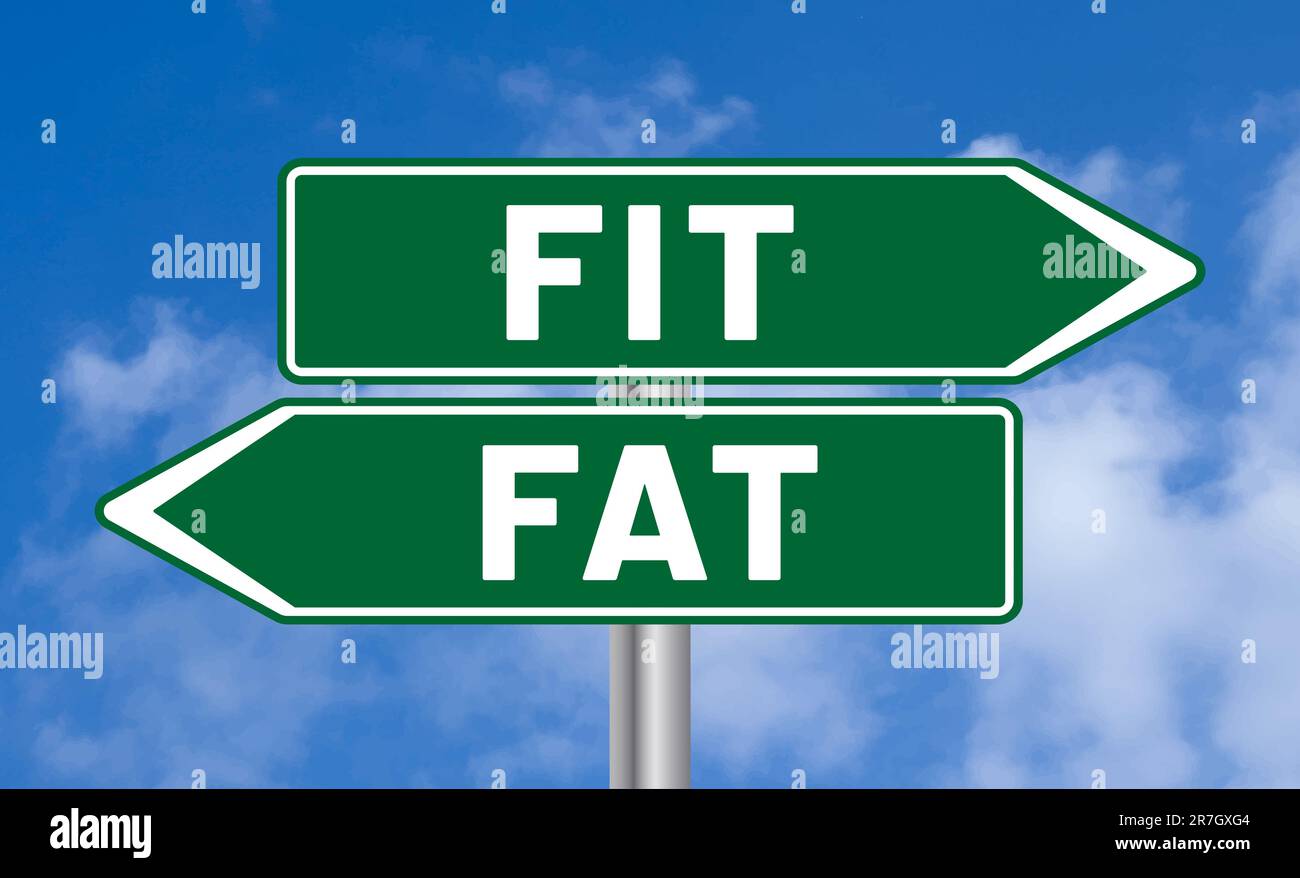 Fit or fat road sign on sky background Stock Photo
