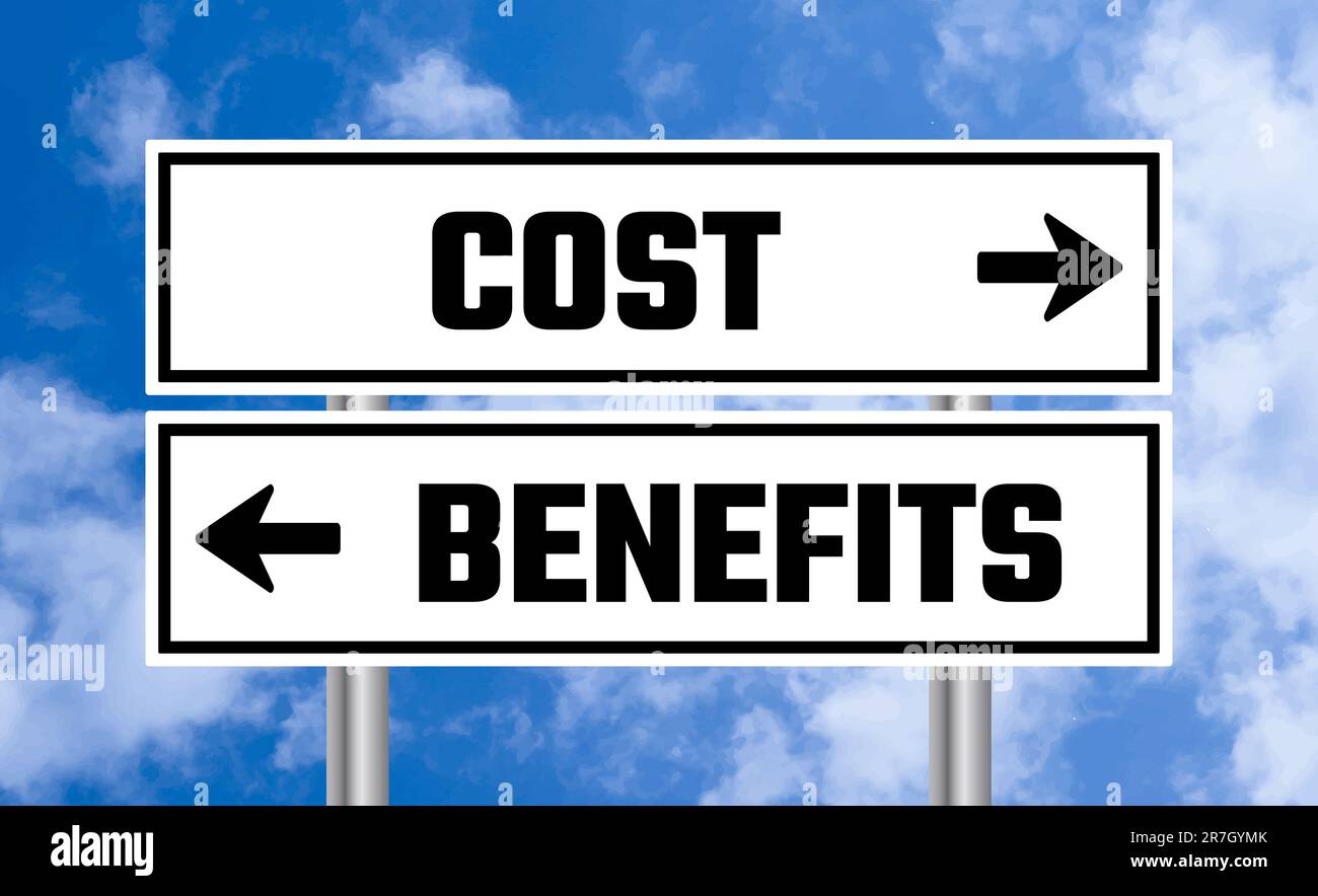 Cost or benefits road sign on blue sky background Stock Photo Alamy