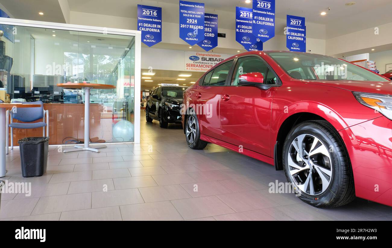 Interior of the Serramonte Subaru Dealership in Daly City, California; car dealer showroom exhibiting new models; cars for sale on display. Stock Photo