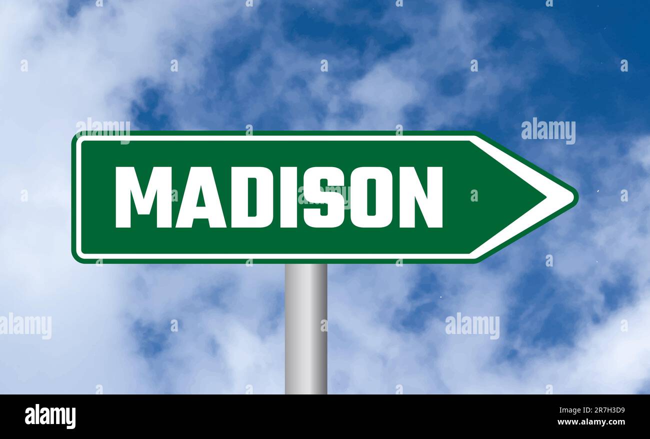 Madison road sign on blue sky background Stock Photo - Alamy