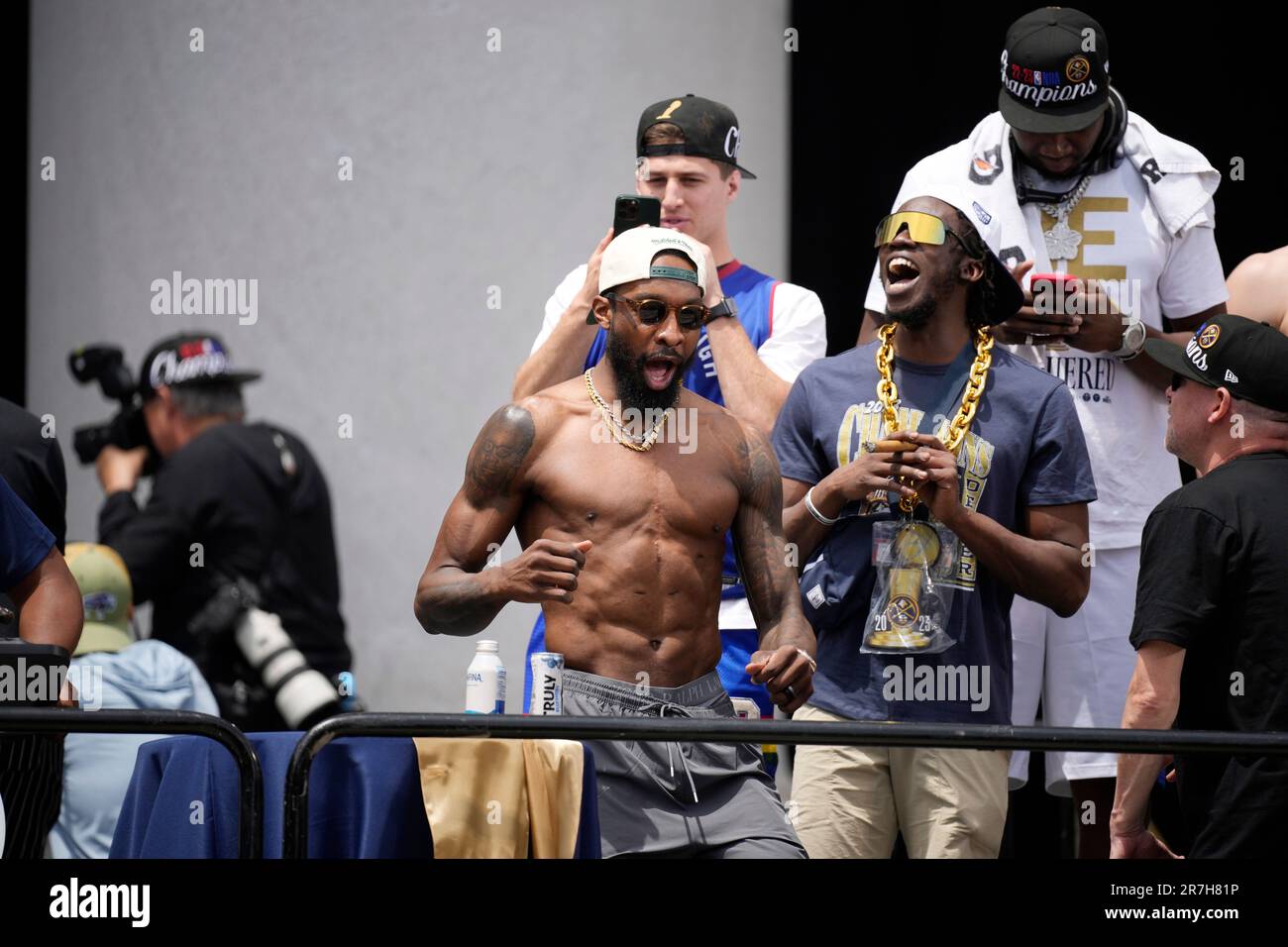 Denver Nuggets guard Collin Gillespie (21) during a rally and parade to  mark the team's first NBA basketball championship on Thursday, June 15,  2023, in Denver. (AP Photo/David Zalubowski Stock Photo - Alamy