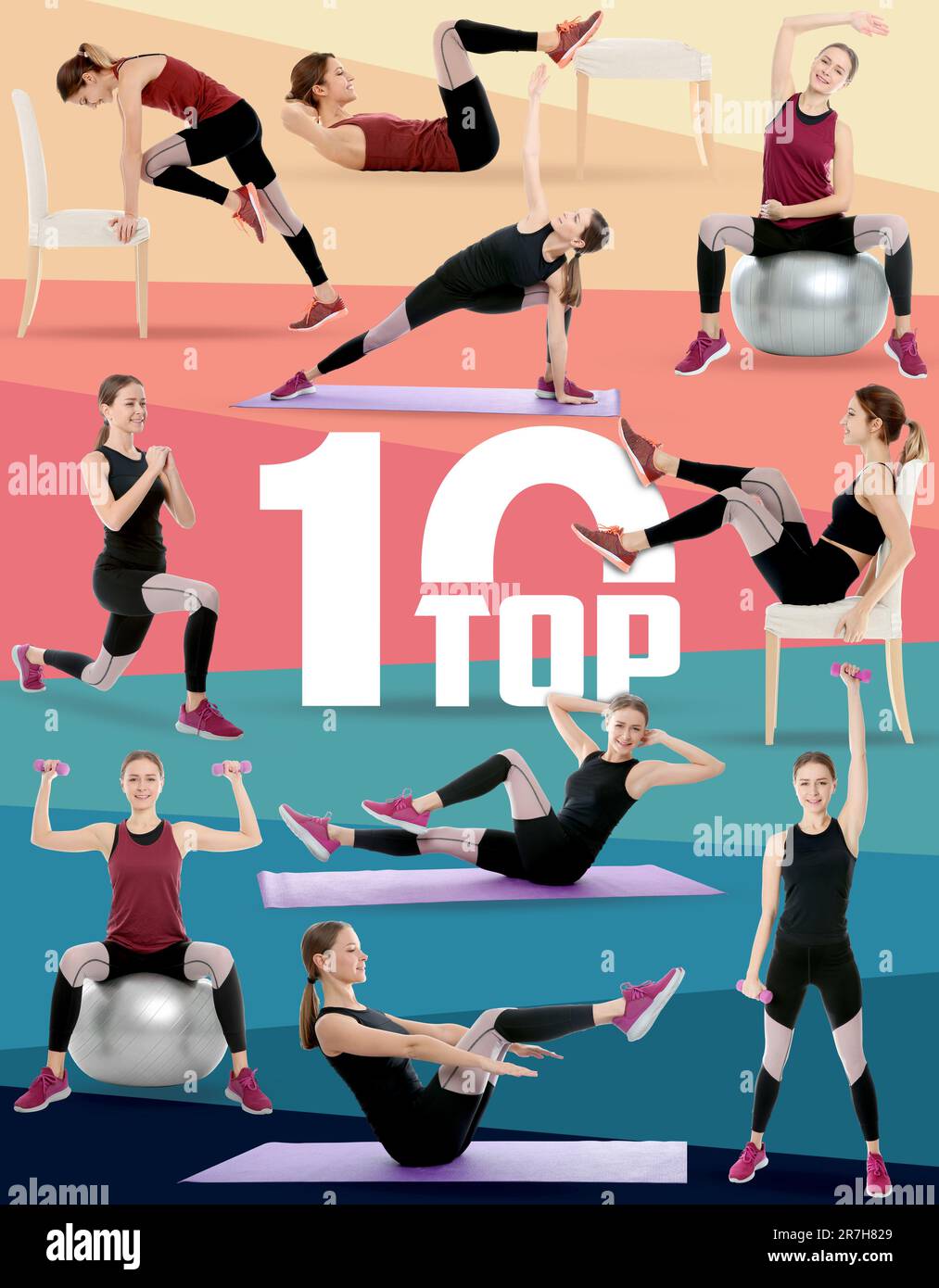Top ten list of home fitness exercises on color background. Young sporty woman in different poses Stock Photo