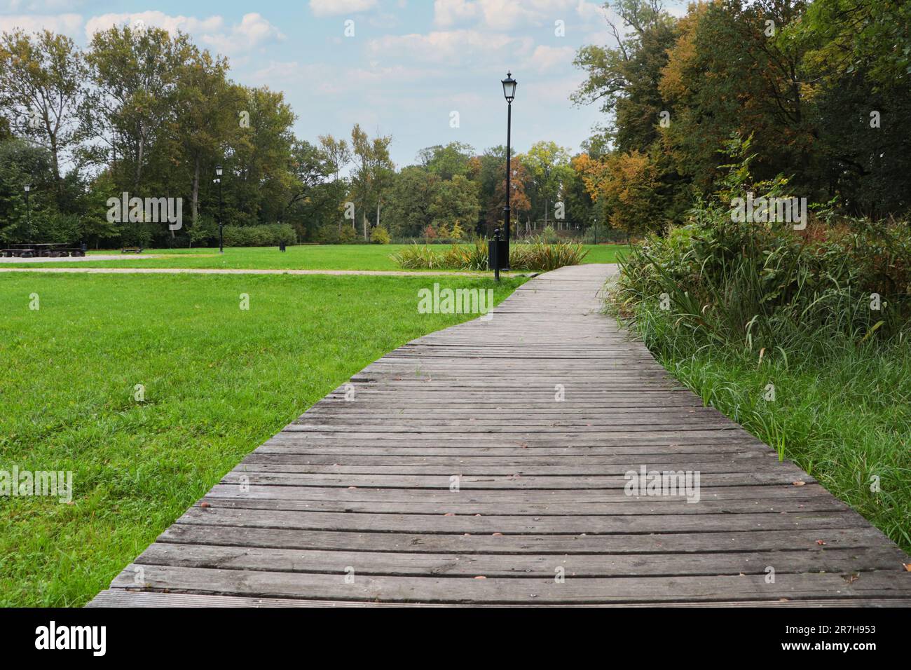 Beautiful public city park with pathway and green grass Stock Photo - Alamy