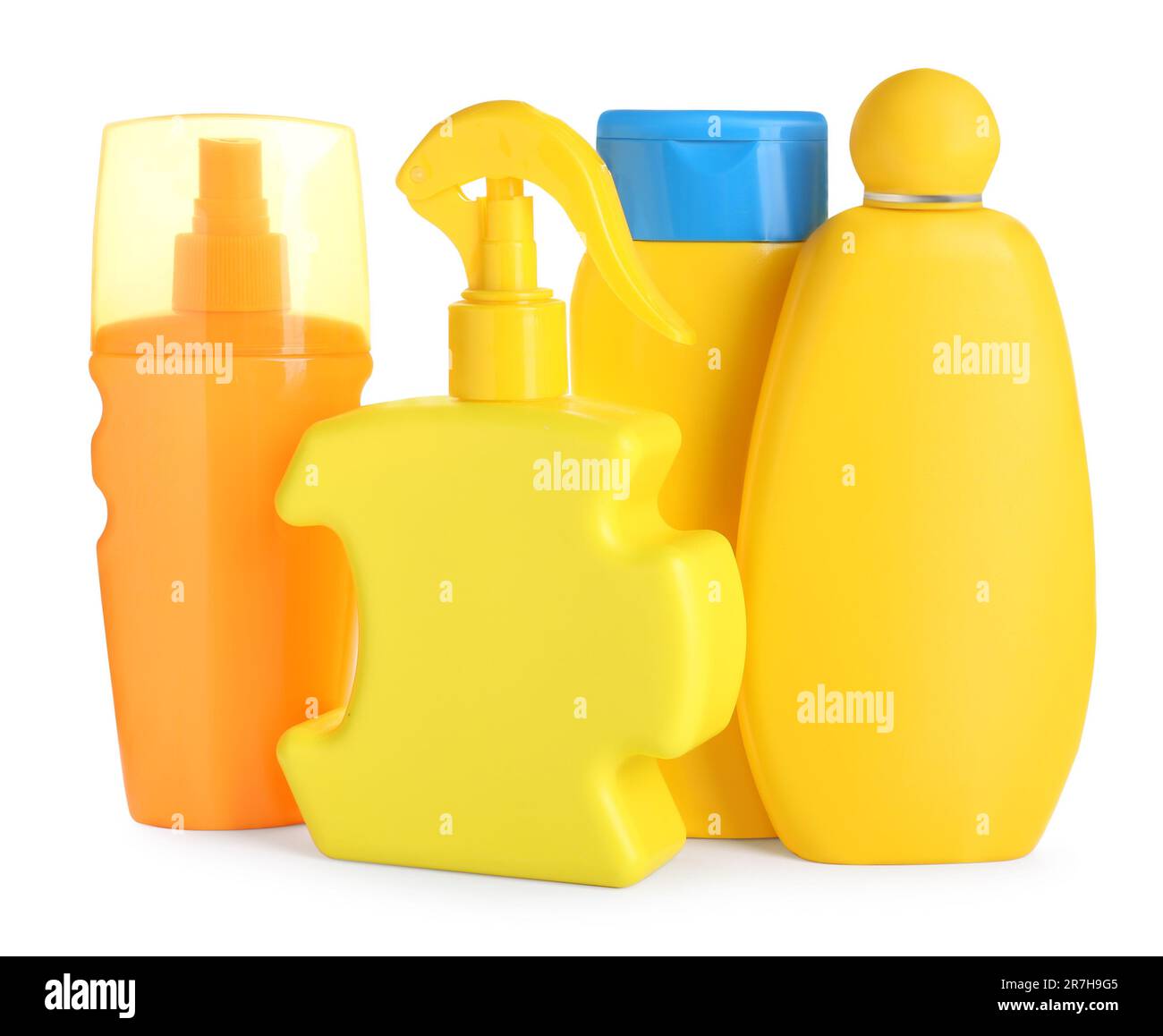 Many different suntan products on white background Stock Photo Alamy