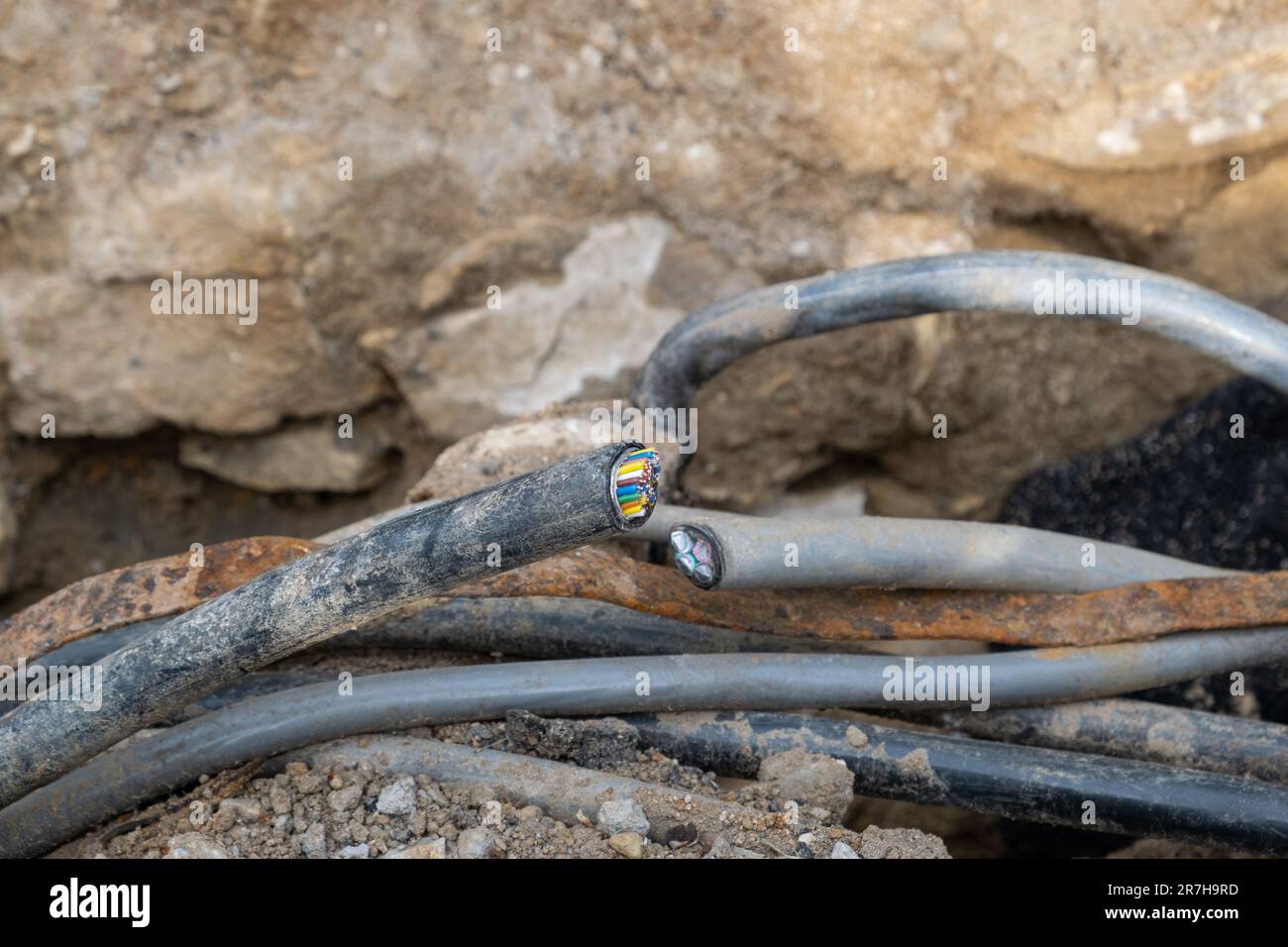 Cuted High voltage Electric Cables. Construction site with electric